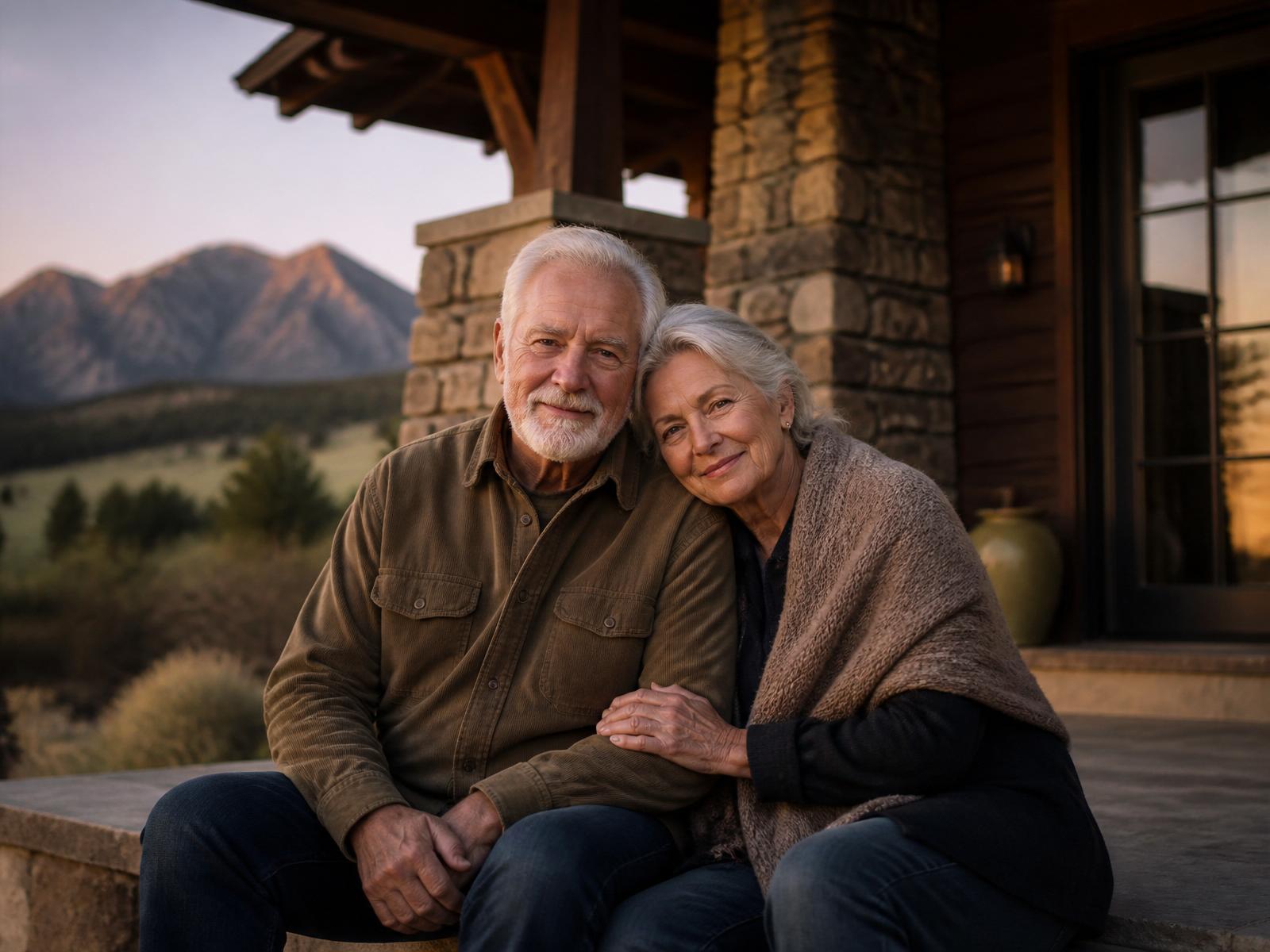Older couple sitting together on the porch of their Colorado home at golden hour